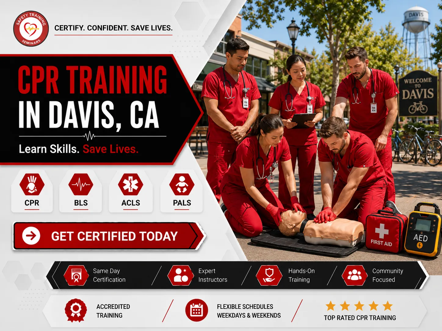 AHA BLS provider course with CPR mannequins in Davis, CA